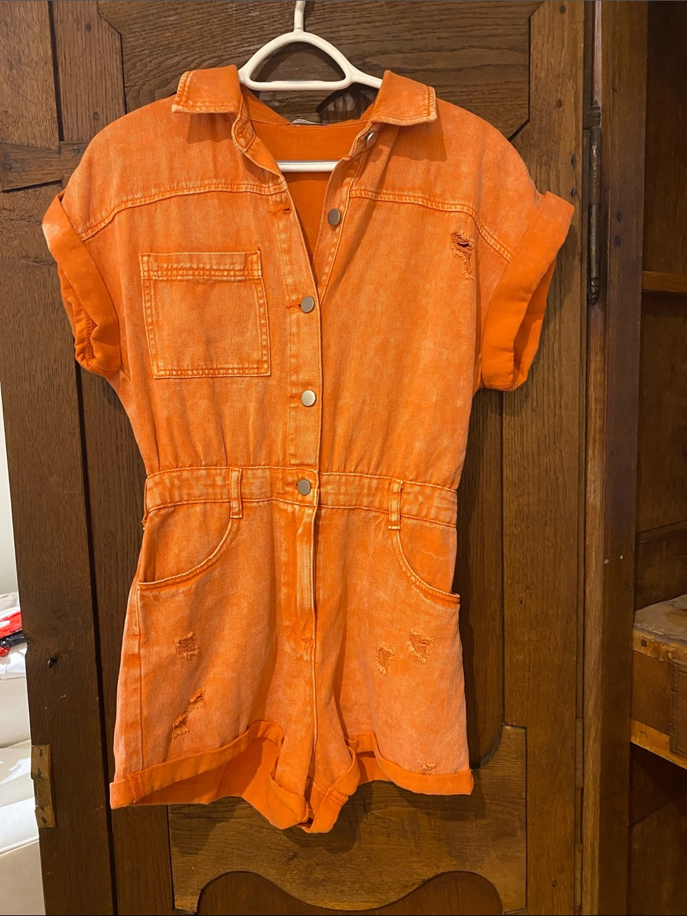 Orange Short-Sleeve Denim Romper with Pockets